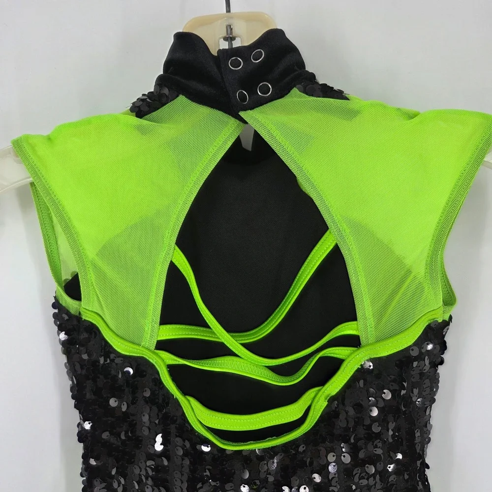 Weissman Black Neon Green Sequin Dance Costume Leotard Peplum MC Jazz Tap